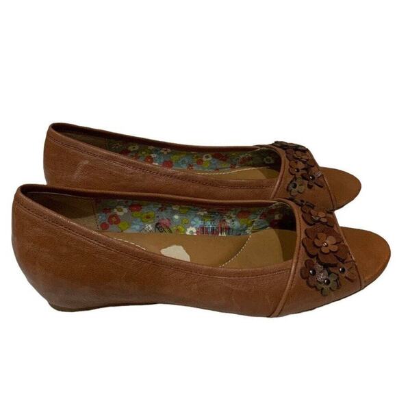Fossil Shoes Women's Size 7.5 Brown Leather Flower Ballet Open Toe Wedge Slip On - Picture 1 of 12